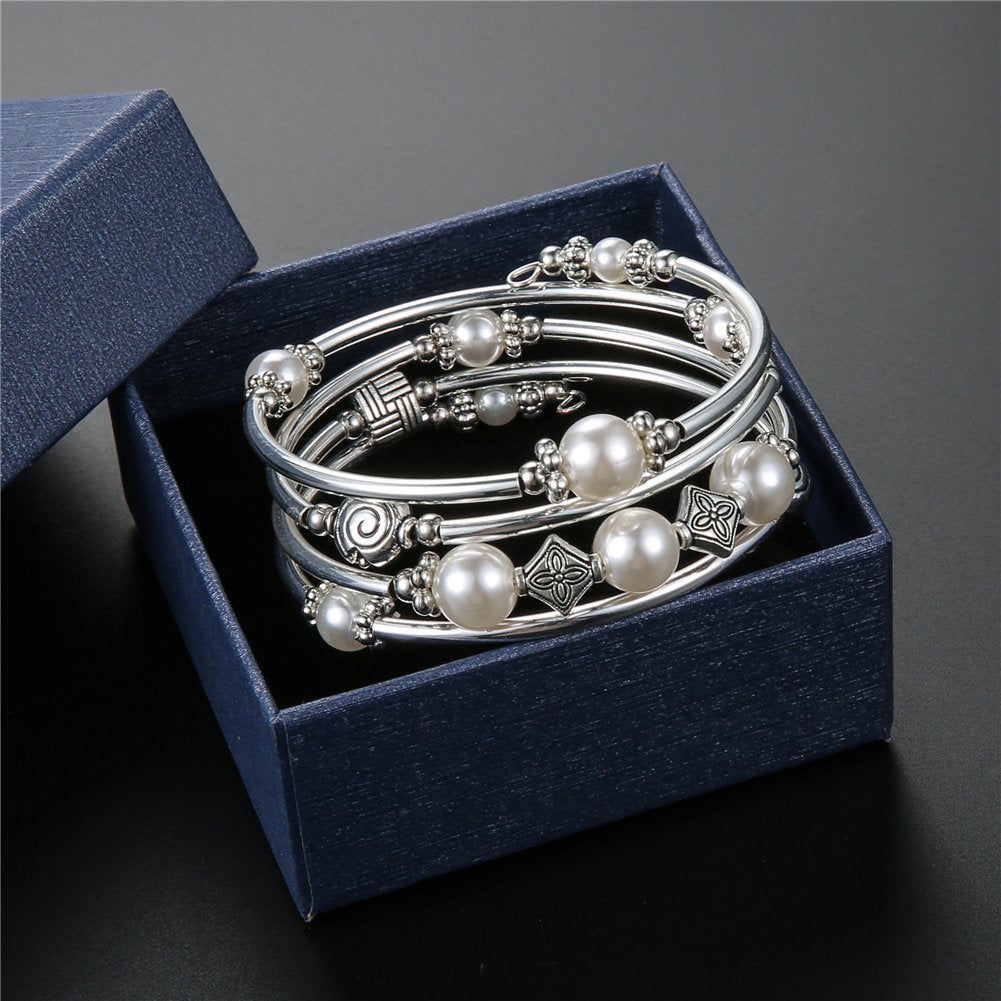 Beaded Pearl Bangle Wrap Bracelet - Fashion Bohemian Jewelry Multilayer Charm Bracelet with Thick Silver Metal Beads, Gift For Women(White)