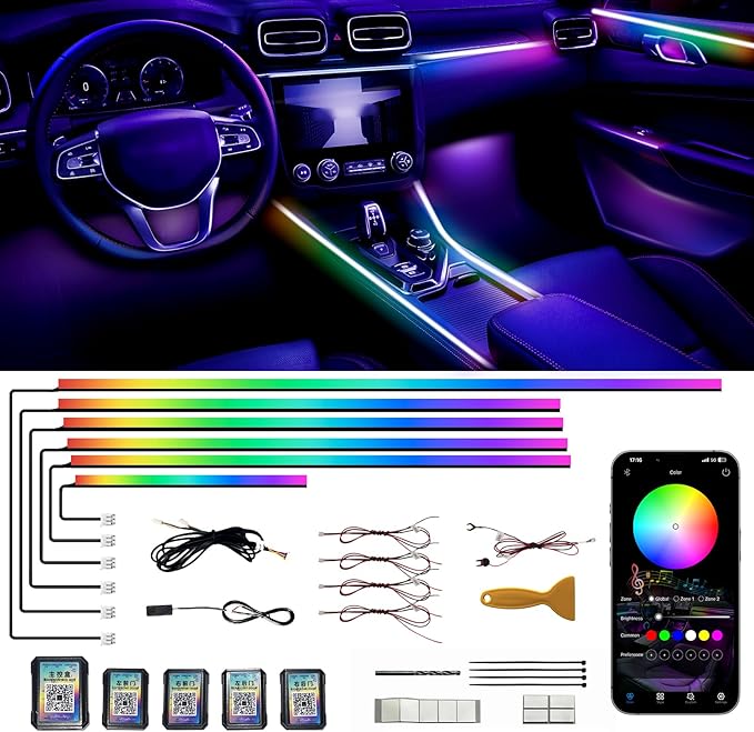 Acrylic Interior Car LED Strip Lights,Colorful 6-in-1 Car Ambient Lighting Kit, with Wireless APP Control, 622 LED Fiber Optic Strip Lights for Cars, Supports Neon Sync with Music DIY Mode.
