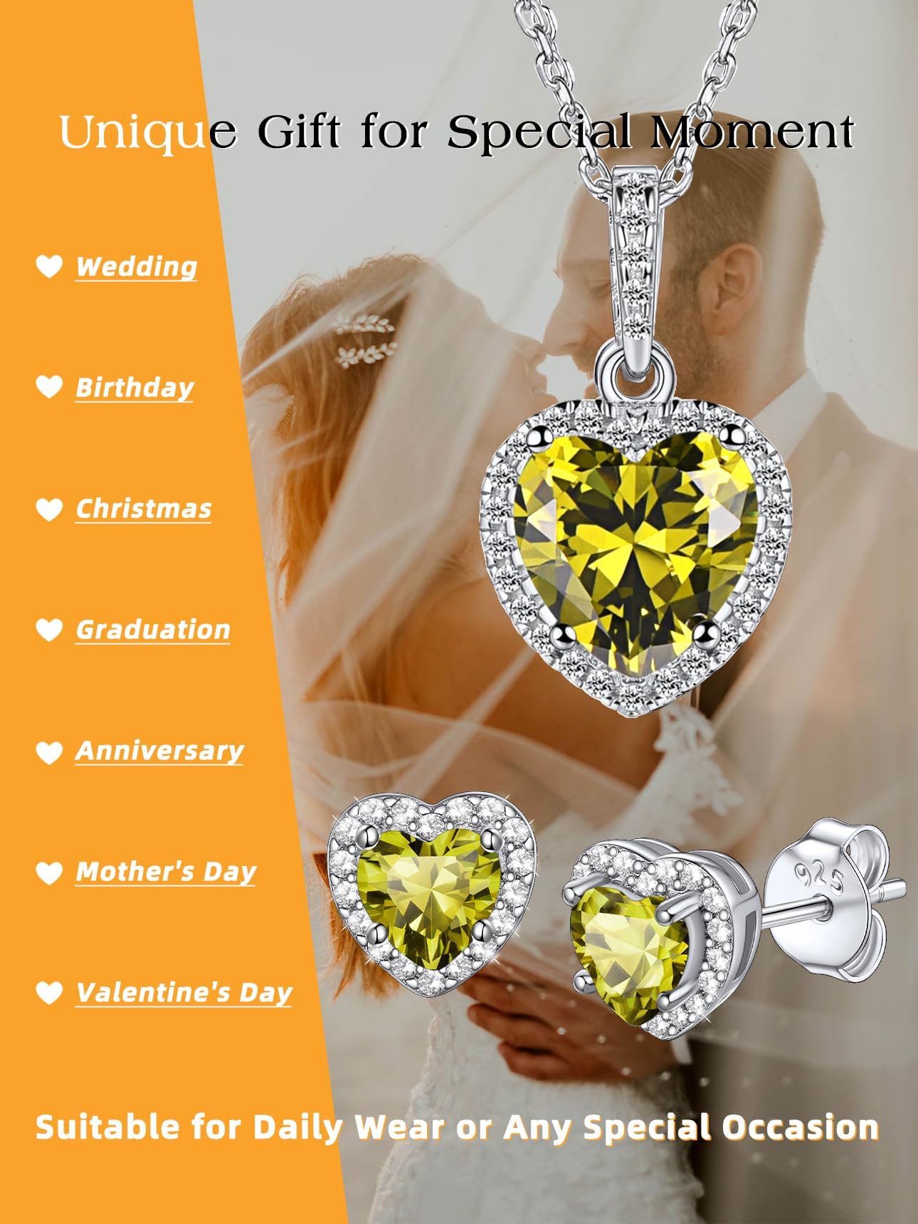 Bestyle 925 Sterling Silver Infinite Birthstone Heart Stud August Peridot Birthstone Earrings, Dainty Love Statement Stud Earrings, Birthday/Valentines/Christmas Gift for Women/