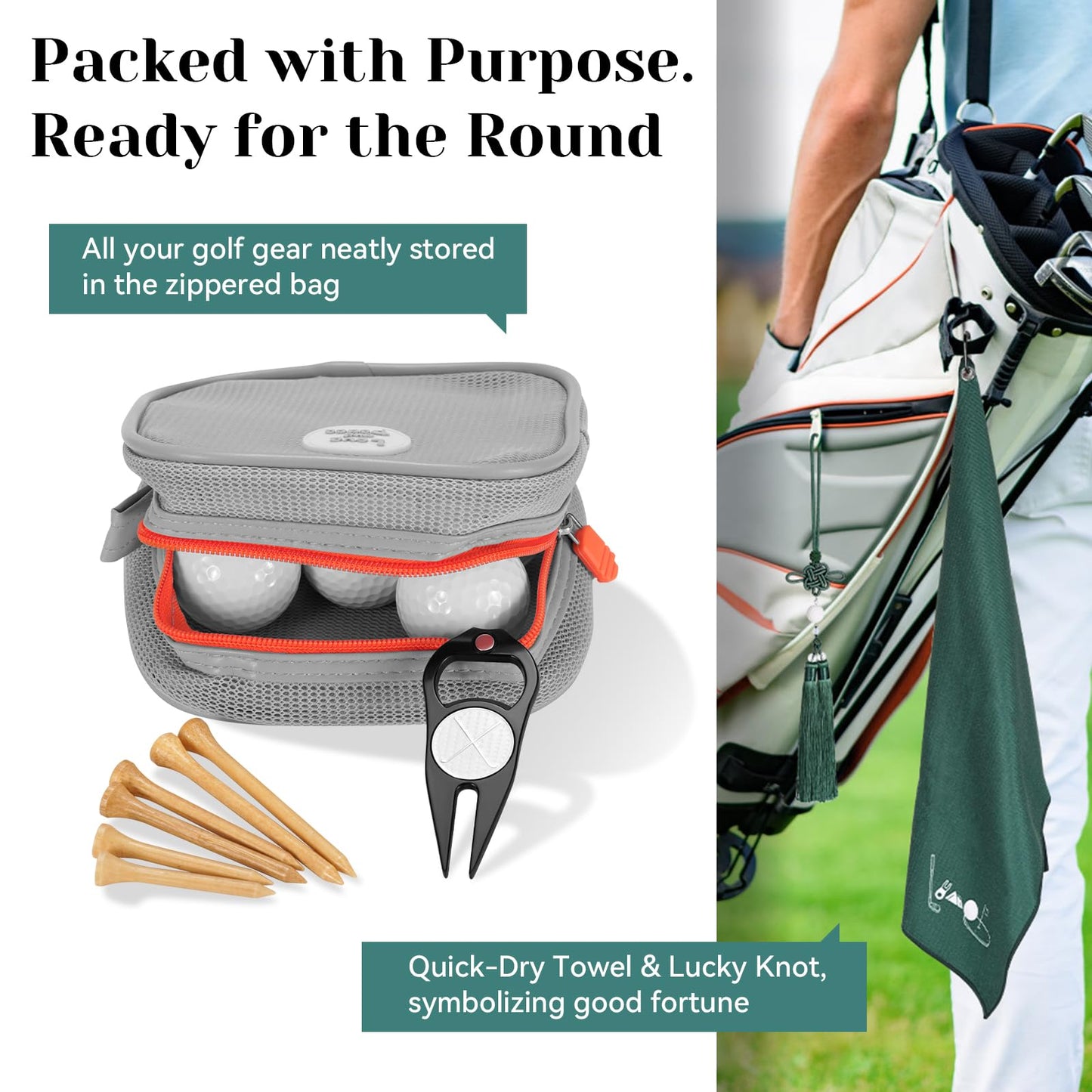 Golf Gift Set for Men - 6 Balls, Tees, Divot Tool, Towel & Organizer Bag - Lucky Chinese Knot Charm - Ideal Gift for Dad, Husband, Father's Day & Christmas
