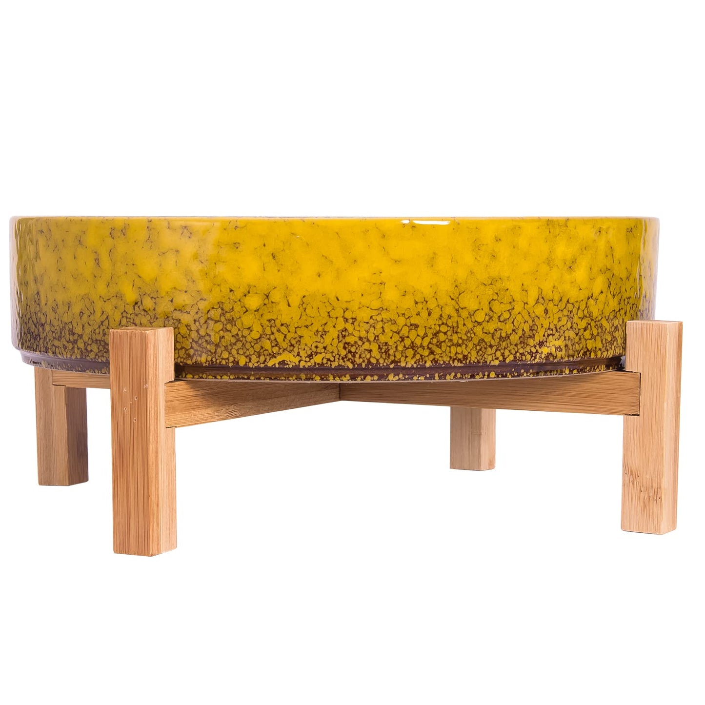ARTKETTY Succulent Pots - 11 Inch Large Succulent Pots with Drainage Shallow Succulent Planters for Indoor/Outdoor Cactus Flower, Ceramic Bonsai Pots with Bamboo Stand (Yellow)