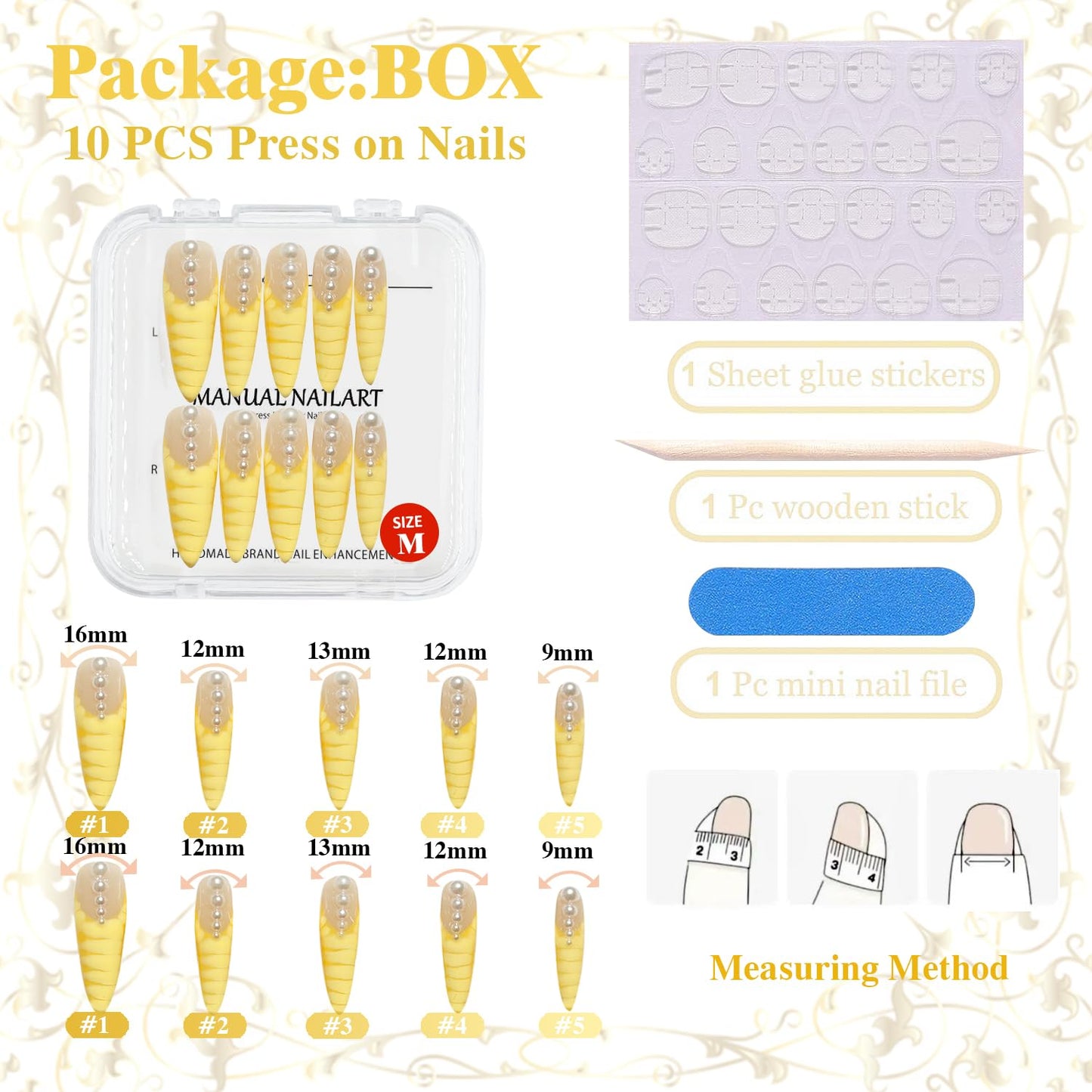 GREENTEA Handmade Nail Pearl Decorated Press-On Nails, Yellow Unicorn Horn Design, Medium Length, 10 Pieces,Size-M