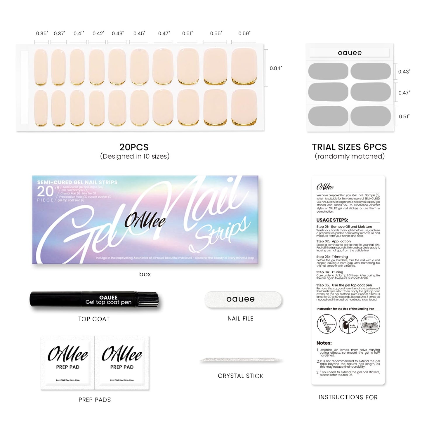 Oauee Semi Cured Gel Nail Strips | Built-In Gel Top Coat | UV Light Required | Salon Quality, Easy Application And Removal (Nude With Gold Trim)