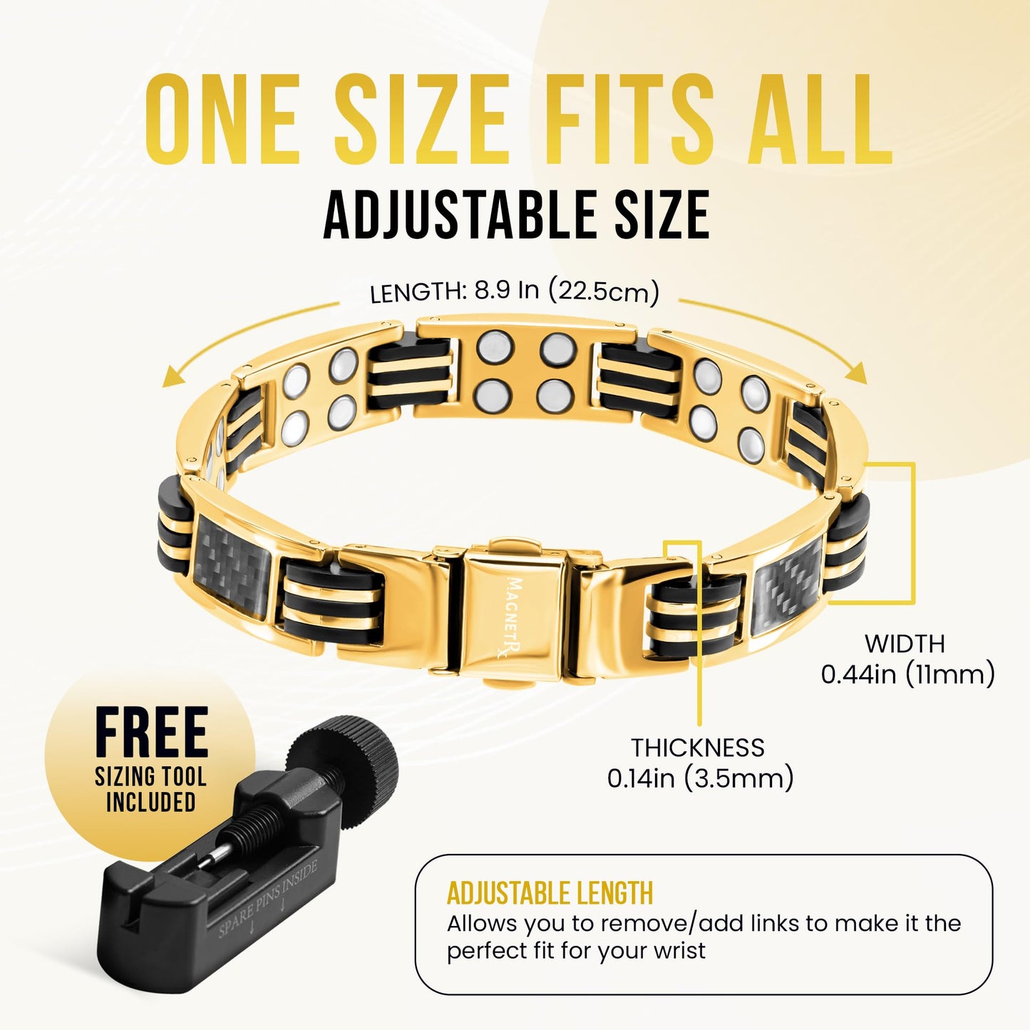 MagnetRX® Magnetic Bracelets for Men – Effective Mens Magnetic Bracelet with Carbon Fiber Inlay – Adjustable Length with Included Sizing Tool(Gold)