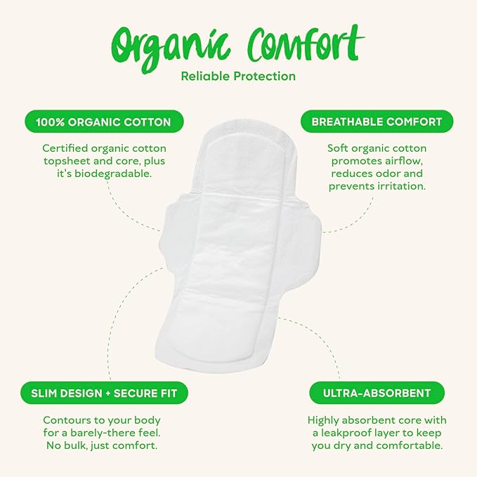 Oi | Organic Initiative - Ultra-Thin Pads with Wings | 100% Certified Organic Cotton, Unscented | Leak Free, Biodegradable | Non-GMO, Toxin Free (Regular, 20, Count)