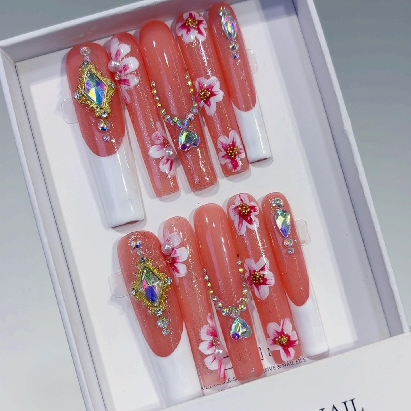 10 Pcs Extra Long Handmade Press on Nails Square Fake Nails with 3D Flowers Rhinestones Charms Design White French Tip False Nails Pink Acrylic Wedding Party Press Ons Nails Long for Women - M Size