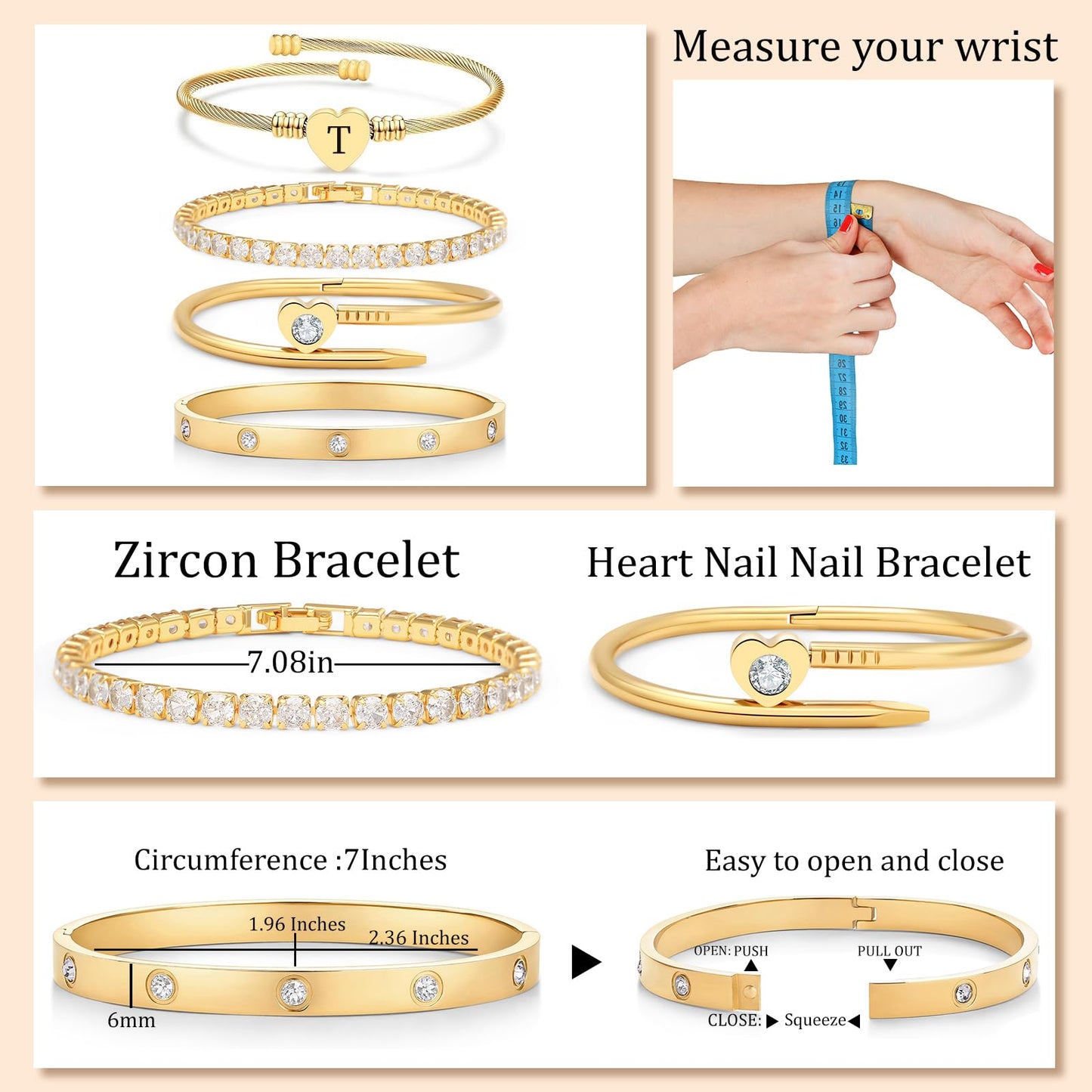 MEIERYA18K Gold Plated Nail love Bangle Bracelet Set for Women,Cubic Zirconia,Adjustable tennis bracelet Trendy Gift Jewelry for Mother's Day Anniversary (14-Style-T)