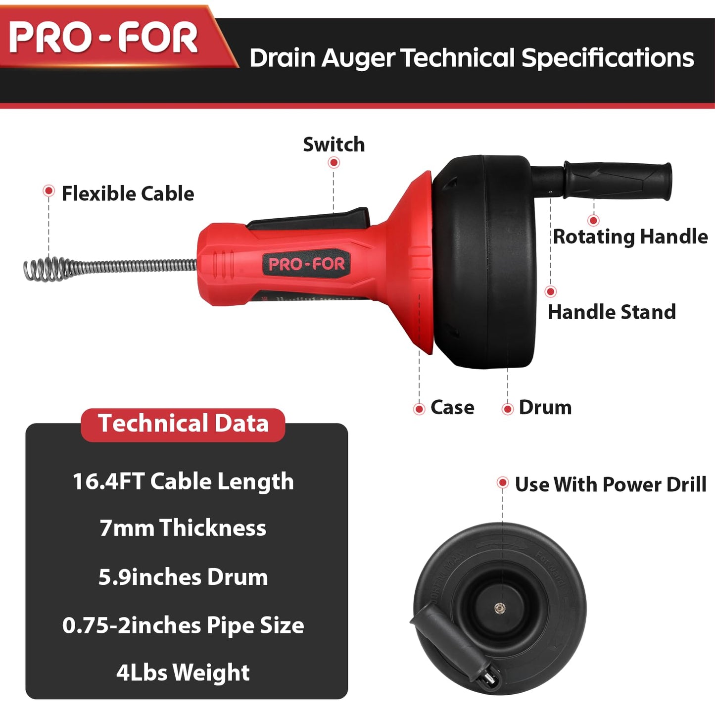 PRO-FOR Drain Auger, 16.4FT Plumbing Snake Drain Clog Remover, Manual & Drill Powered Drain Snake for 0.75–2 Inch Pipes, Sink, Shower, Bathtub, Toilet, Kitchen Drain Cleaner Tool with Steel Cable