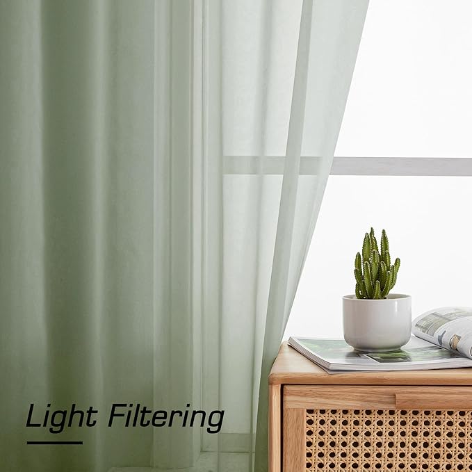 Simplebrand Sage Green Sheer Curtains 90 Inches Long 2 Panels, Light Filtering Rod Pocket Solid Color Window Sheer Curtain Panels, Elegant Curtains & Drapes for Living Room, Bedroom, 59" W x 90" L