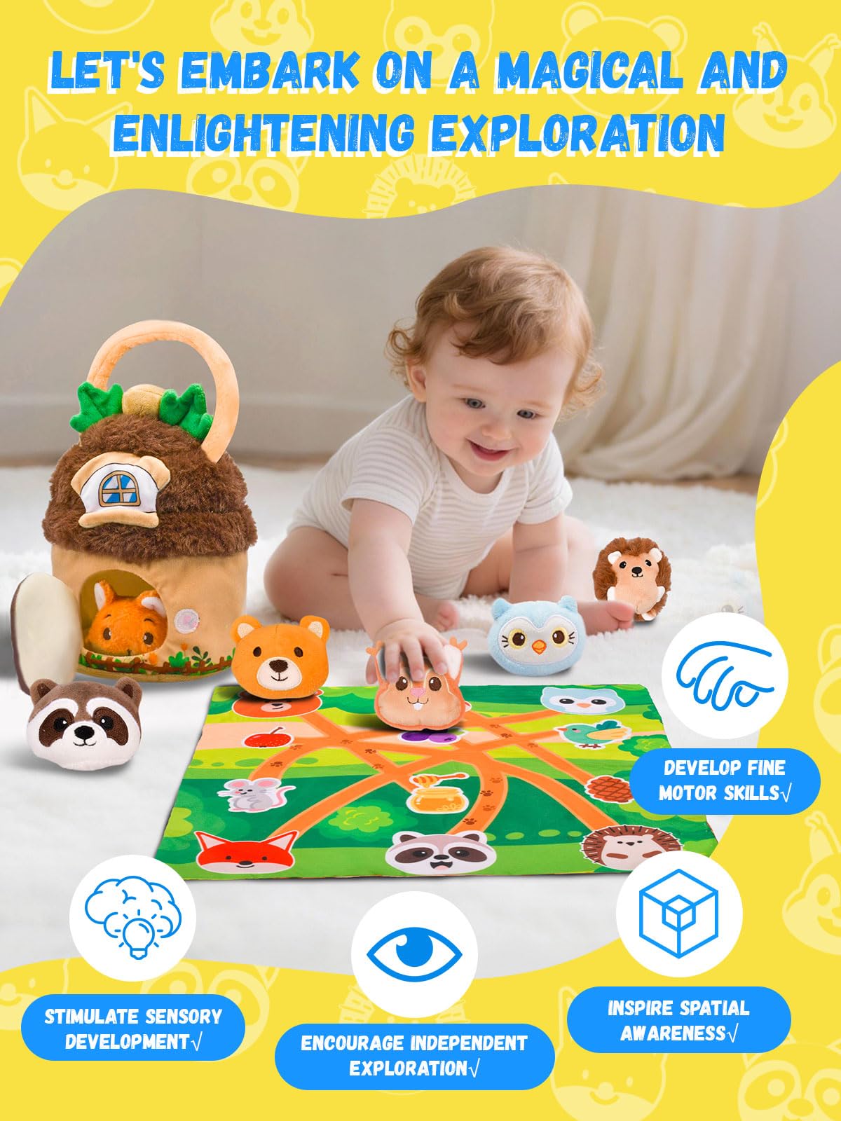 Baby Toys 6-12 Months Forest Animal House with Map Plush Stuffed Animals Rattle Squeaker Montessori Toys for Babies Sensory Infant Toy Toddler Gift 1-3 Year Old