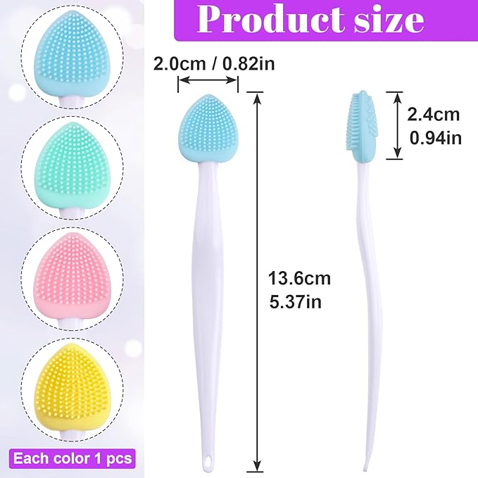 4pcs Lip Scrub Brush, Silicone Heart Lip Exfoliator Brushes Scrubber Tool, Double-Sided Lip Cleaning Exfoliating Remove Dead Skin Tool for Men Women Dark Lips- Pink & Green & Blue & Yellow