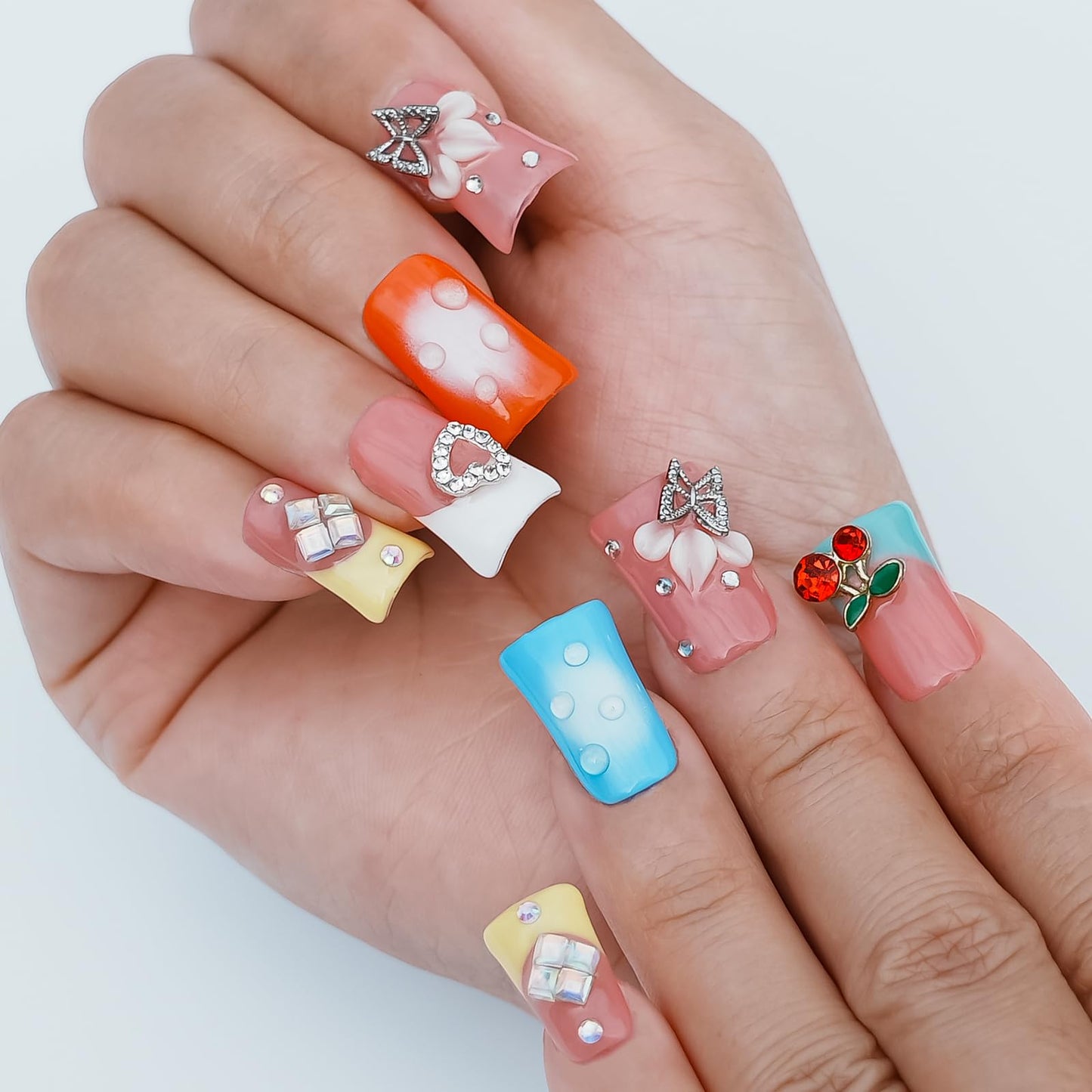 Tesytto Handmade Press on Nails Short Duck - 3D Floral Metallic Butterflies False Nails Luxury Rhinestone Cherry Petal Flower Design, Reusable Thick Acrylic Full Cover(Spring Bloom Pop,M)