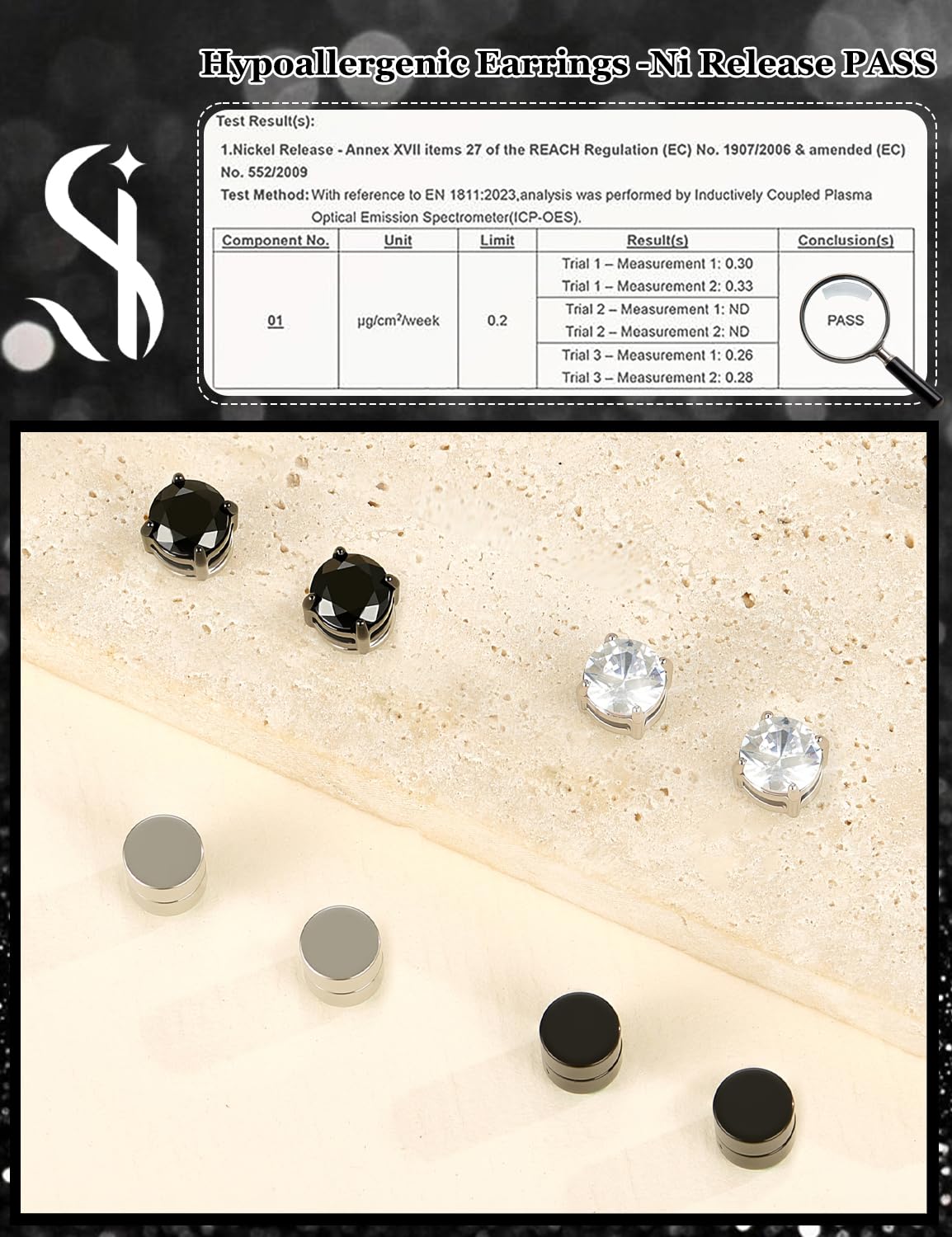 4 Pairs Stainless Steel Magnetic Stud Earrings for Men Women Non Piercing Clip on CZ Earrings 6MM (4 Pairs a Set,6MMBlack + Silver)