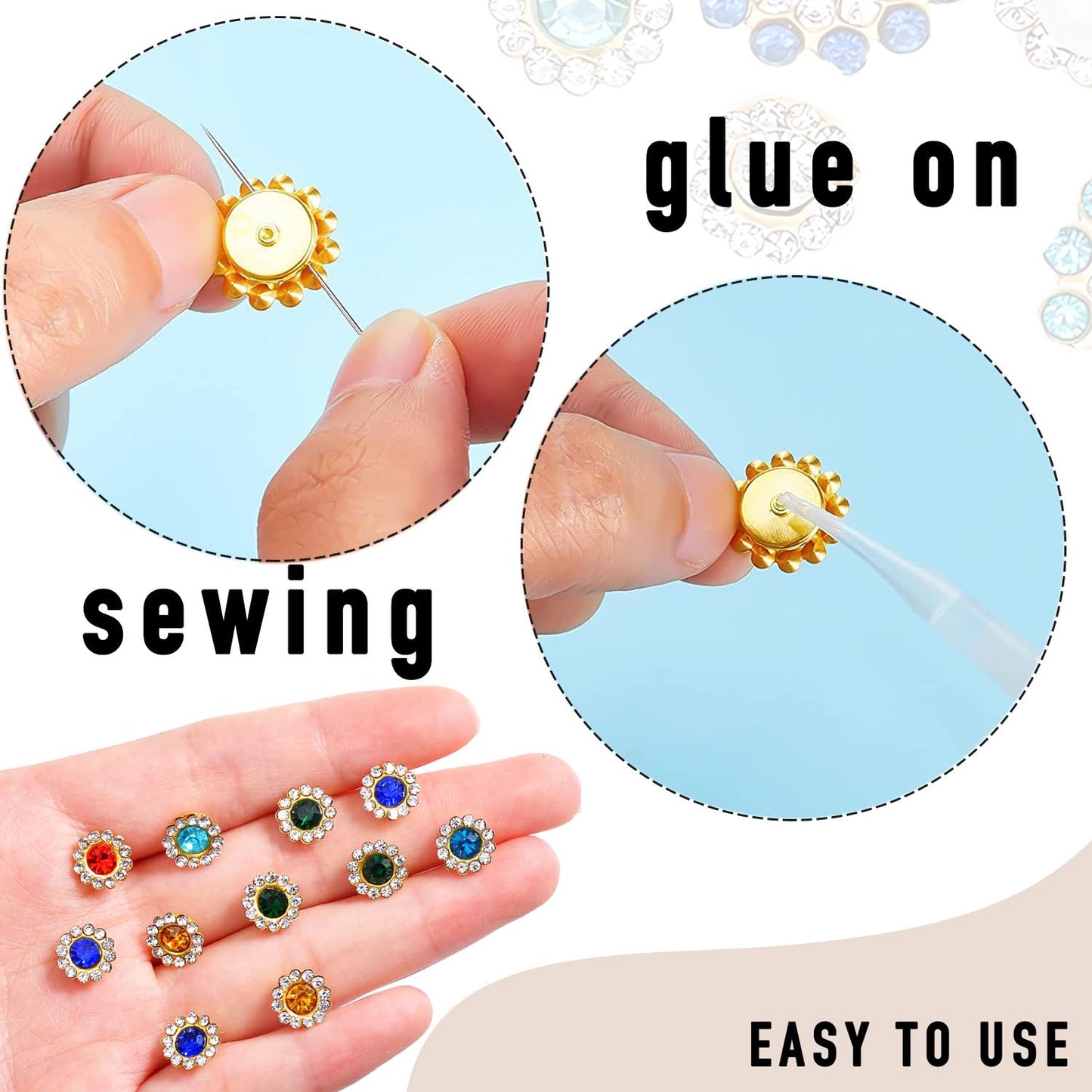 500PCs Sew on Rhinestones, Crystal Flower Shape Bedazzling, 10mm Crystal Flatback Embellishments for Sewing and Crafts, with Storage Box (10mm - Gold Tone)