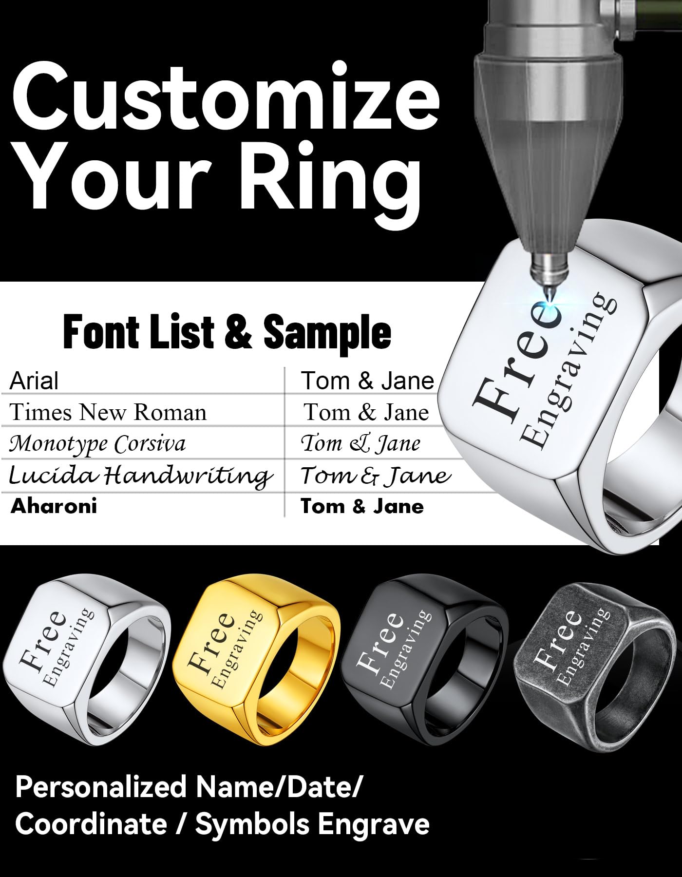 ChainsHouse Personalized Signet Rings Stainless Steel Biker Ring for Men Women, Solid Polished Statement Hip Hop Custom Thumb Ring, Size 14