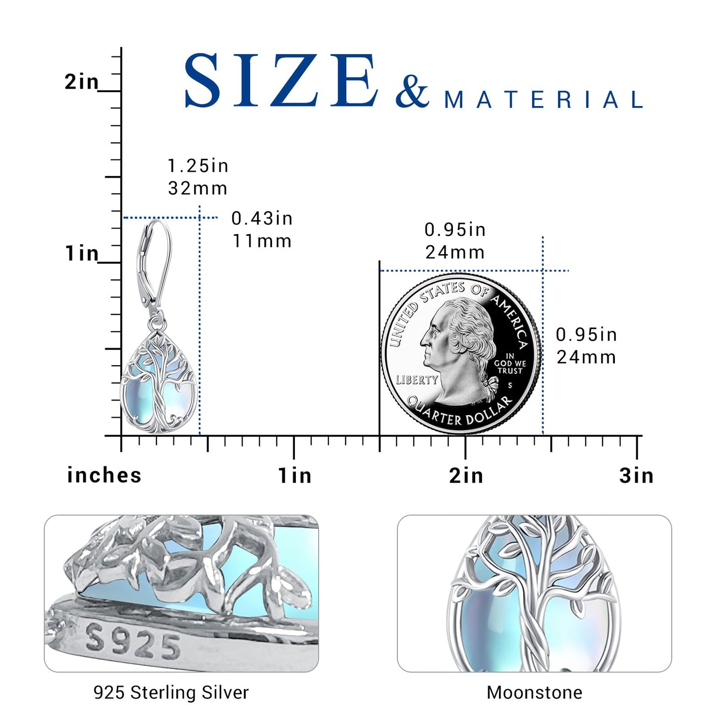 Eusense Tree of Life Earrings Sterling Silver Moonstone Earrings Teardrop Leverback Dangle Sterling Silver Jewelry for Women Elegant Nature Inspired Moonstone Jewelry
