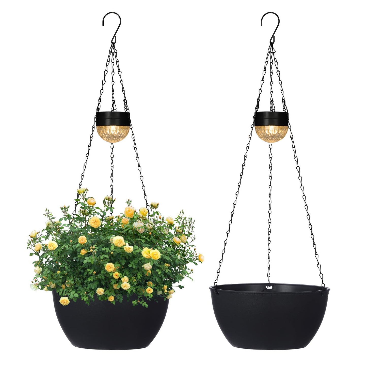 SUNNYPARK 2 Packs Hanging Planters Basket for Outdoor Plants, Solar Powered Self Watering Black Round Plastic Flower Pots with Drainer for Balcony Patio Garden Outdoor Decoration