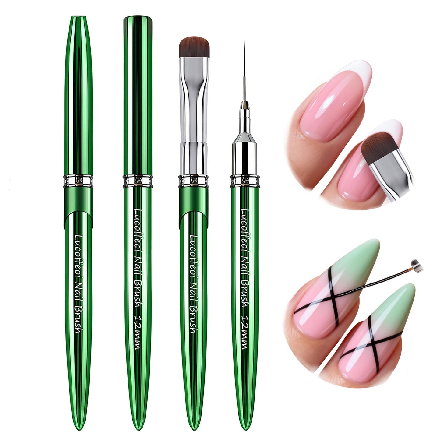 Nail Art Brushes Set 2-Piece: French Tip Brush and 12mm Liner Brush for Gel Clean Up, Smile Lines & Nail Design (Green)