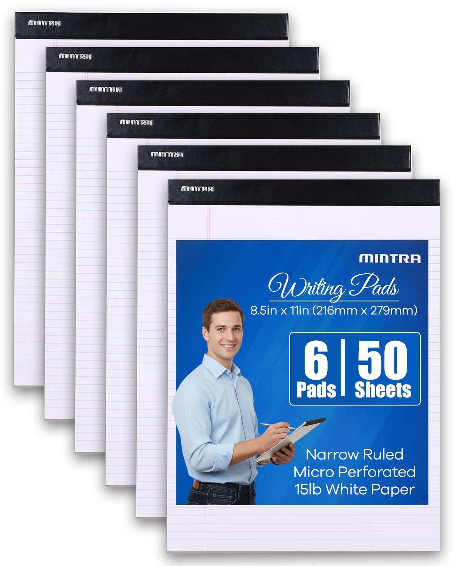Mintra Office White Legal Pads – Ruled Notepads and Micro-Perforated Sheets, Ideal for Writing, Note-Taking & Creativity, Office, or Professional Use, Basic Pad 6 pack, 8.5"x11" (Narrow Ruled)
