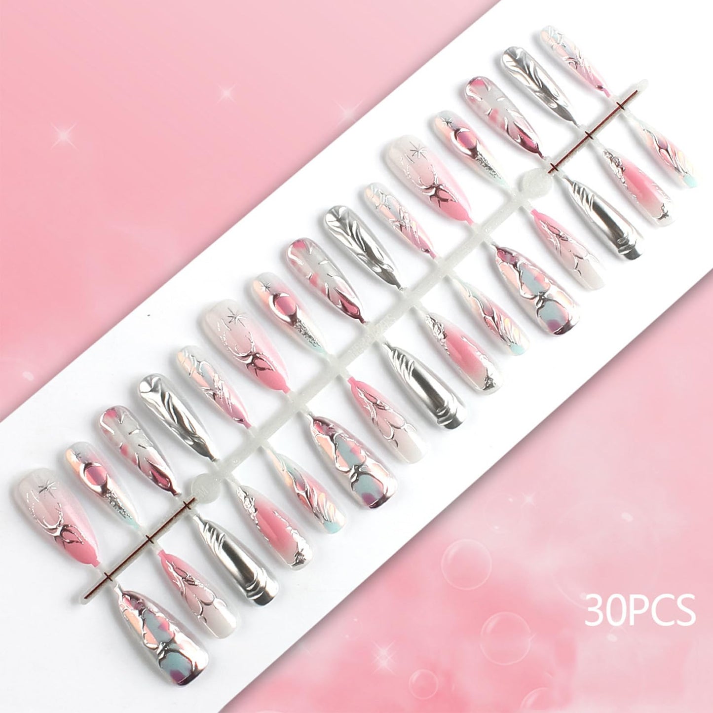 30 Pcs 3D Love Heart Press on Nails Stars Acrylic Fake Nail Moon Gel Glue on Nail Valentines Almond Medium False Nails Glossy Pink Glitter Gradient Stick on Fingernails for Women Valentine's Gift
