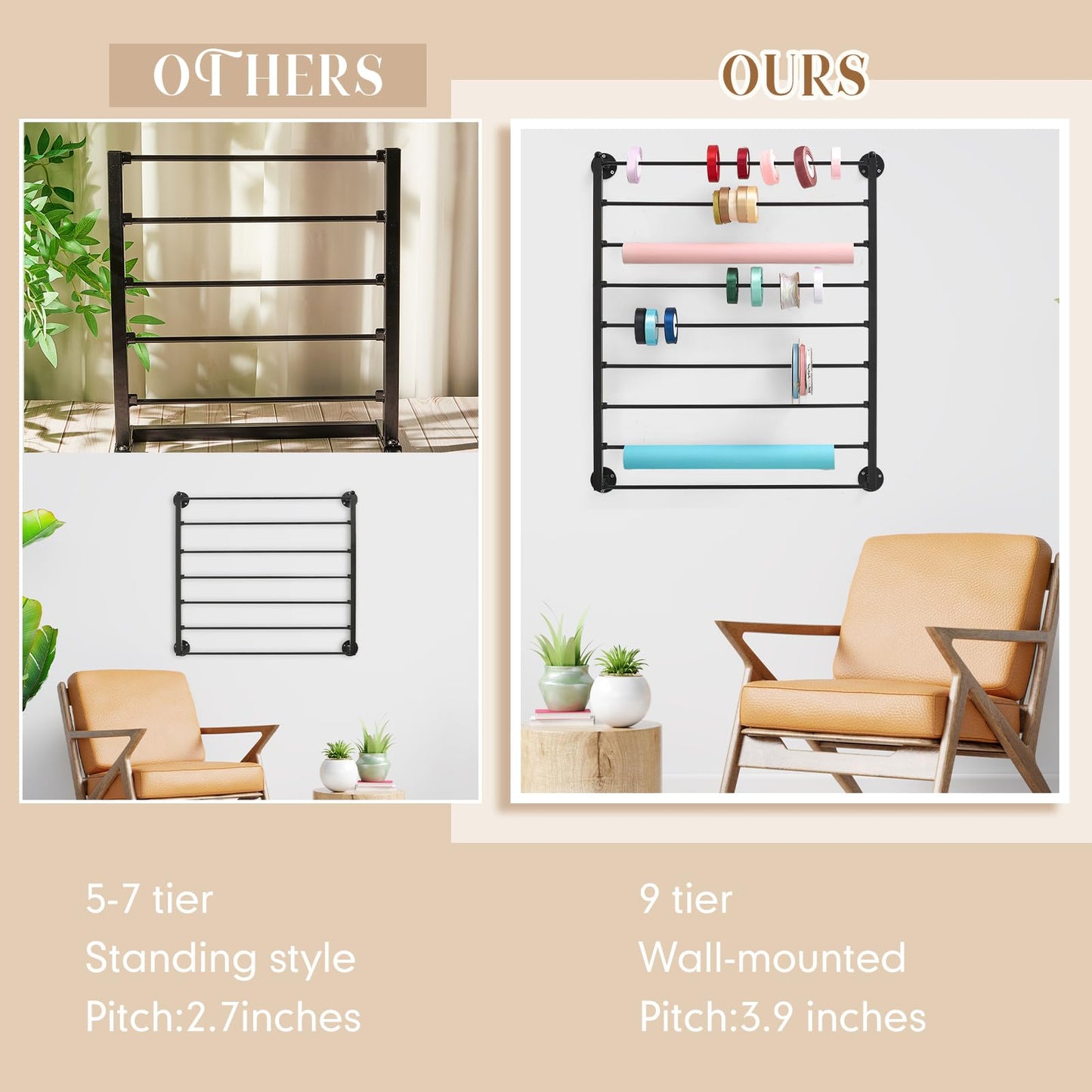 Menkxi 9 Tier Wall Mounted Ribbon Organizer Metal Ribbon Holder Organizer Rack Wrapping Paper Storage for Sewing Craft Mesh Thread Tape Wreath Crochet Craft Room Flower Shop(Black)