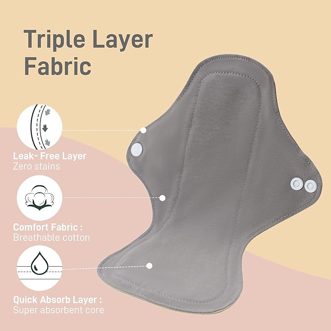 Langsprit Cotton Reusable Period Pads for Women, Washable Pads Menstrual, Regular Absorbency Cotton Cloth Menstrual Pads 3pcs Set with Mini Wet Bag, Suitable for Menstrual Period
