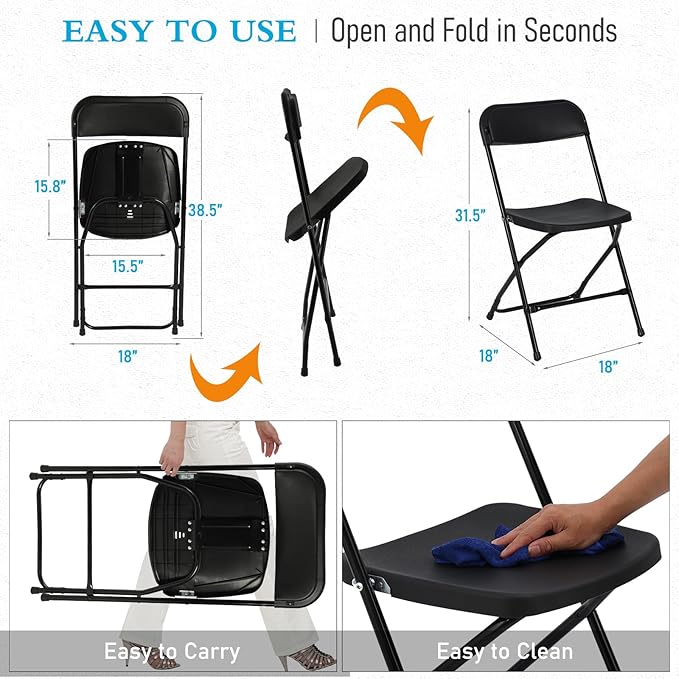 10 Pack Black Plastic Folding Chairs for Outside, Portable Stackable Commercial Metal Foldable Chairs with Steel Frame for Home Events Office Wedding Party, 350lbs Capacity