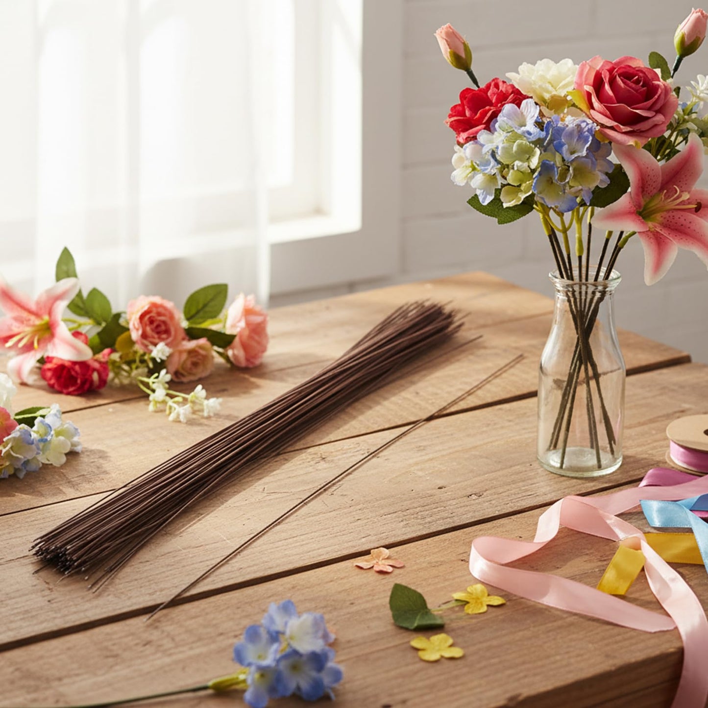 FUNSUEI 500 PCS 16 Inch 2 Gauge Floral Stem Wire, Flexible Brown Floral Wire for Flower Making, DIY Floral Arrangements and Decorations