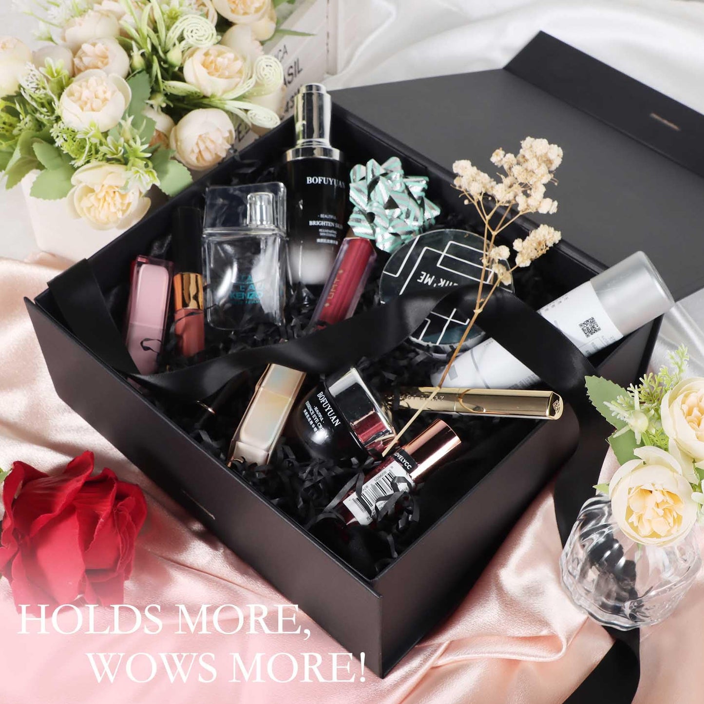 LFBOX Black Gift Box with Ribbon Magnetic Lids 10.2x9x3.74 in, Bridesmaid Groomsman Proposal Boxes, Wedding Graduation Storage Box 2 Pack