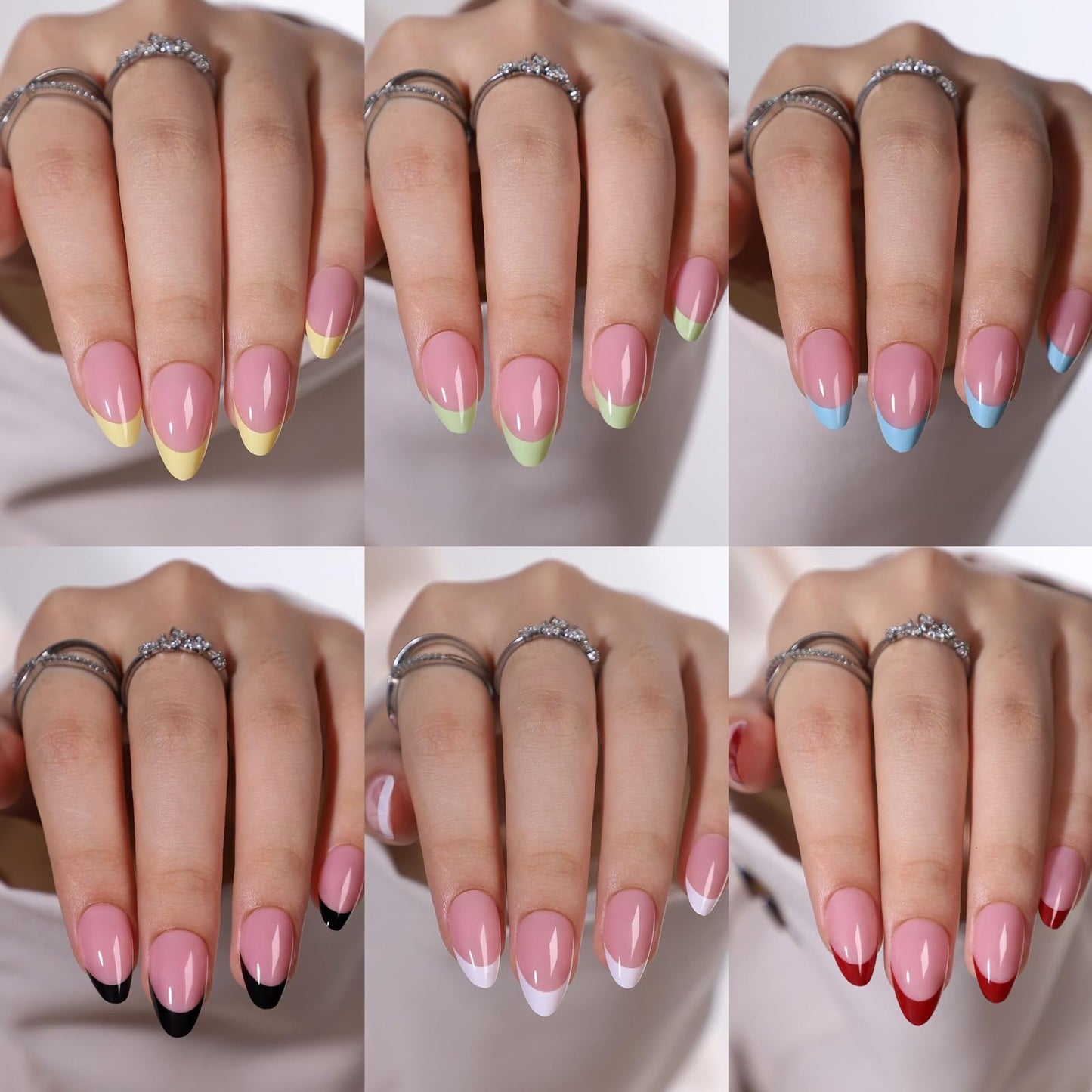 CTTHNBD 6 Packs (144 Pcs) Press on Nails - Almond, French Tip, Medium, Glue on, Gel False Nails for Women - 12 Sizes, 6 Styles
