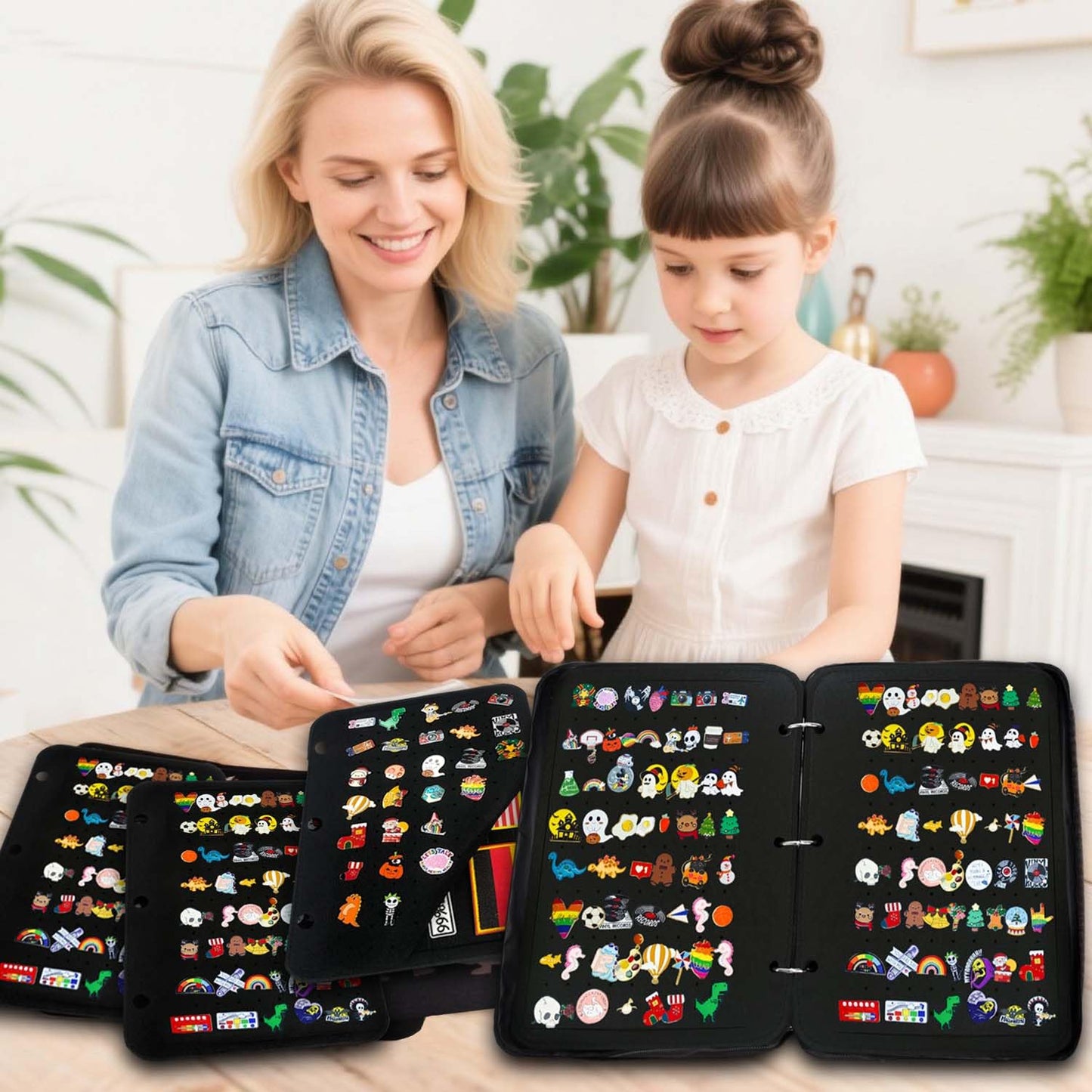 Mi Ya Mi Lai Extra Large Pin Display Book for Collectors,Portable 3 Ring Binder,Double Sided Felt Pages,Holds 300+ Pins & 50 Patches, Detachable Organizer (Black)