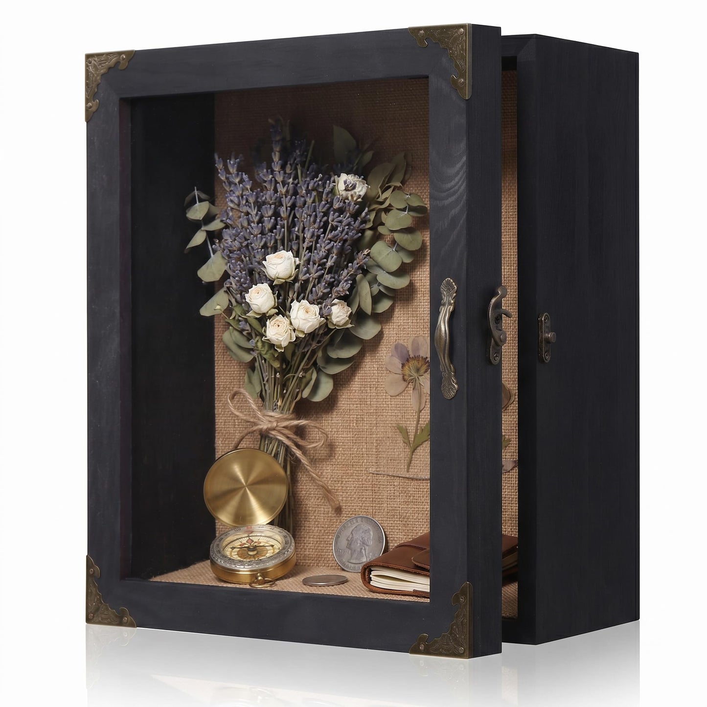 KAASTHAA Shadow Box Frame 11x13, Depth 5in Shadow Boxes Display Cases, Acrylic Door, Rustic Burnt Wood, Vintage Metal Accents, Hinged Door, Metal Handle and Latch, Linen Back