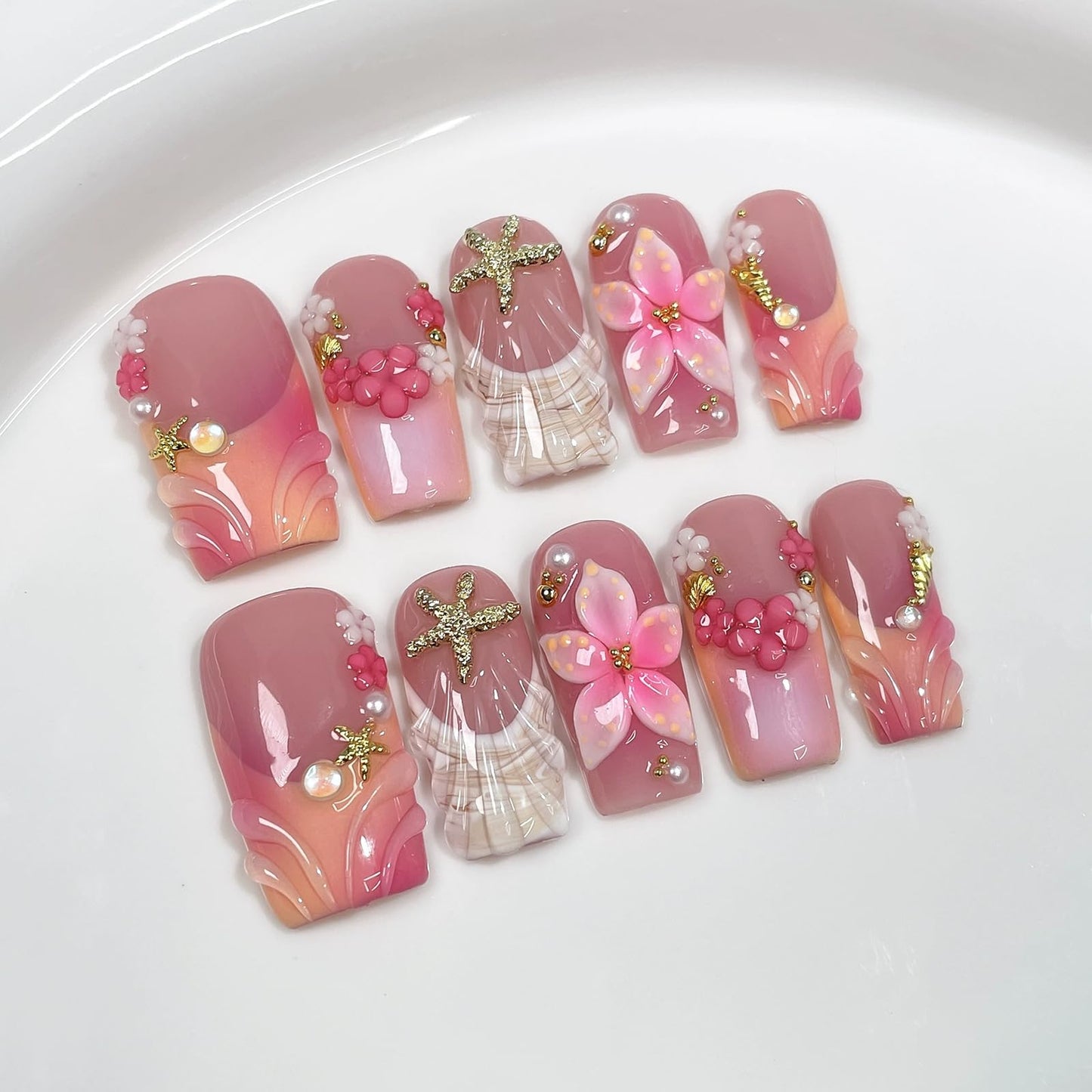 Handmade Press on Nails Medium Square Fake Nails Pink French Tip with 3D Flower Designs Beach luxury Glossy Cute Acrylic Nails for Women 10pcs (Size M）