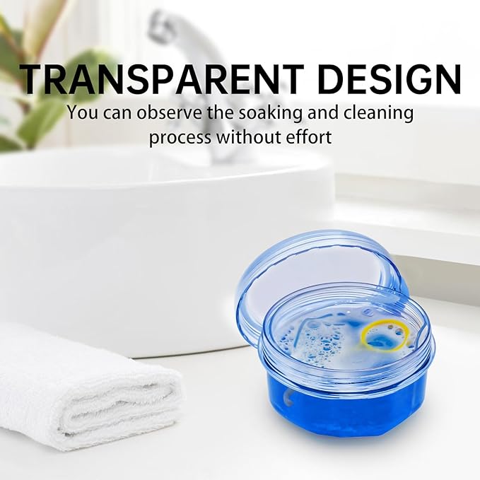 No Leak Partial Denture Case Retainer Bath Box Cup, Denture Soaking Cup False Teeth Holder Box Case with Strainer Basket and Brush - Transparent Blue