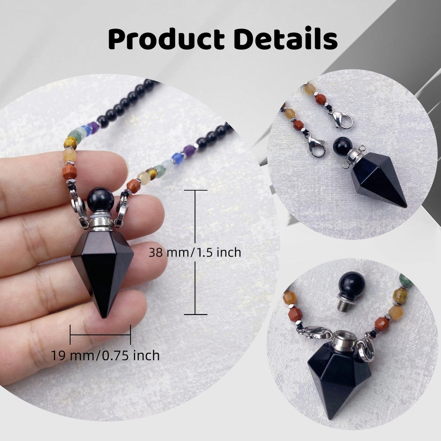 EDEN'S CALL Black Obsidian Crystal Point Perfume Bottle Pendant Necklace, 7 Chakra Crystal Bead Aromatherapy Diffuser Pendant Jewelry Gifts for Women
