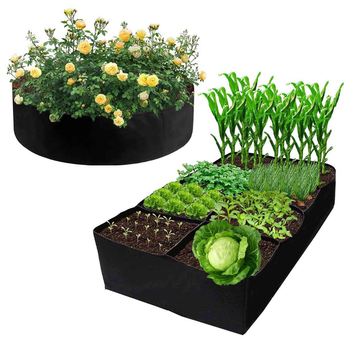 Kasoyo (2 Pack) 128 Gallon Rectangular Planting Bags and 50 Gallon Round Flower Bed Planting Bags, Suitable for Growing Vegetables, Potatoes and Flowers in The Garden