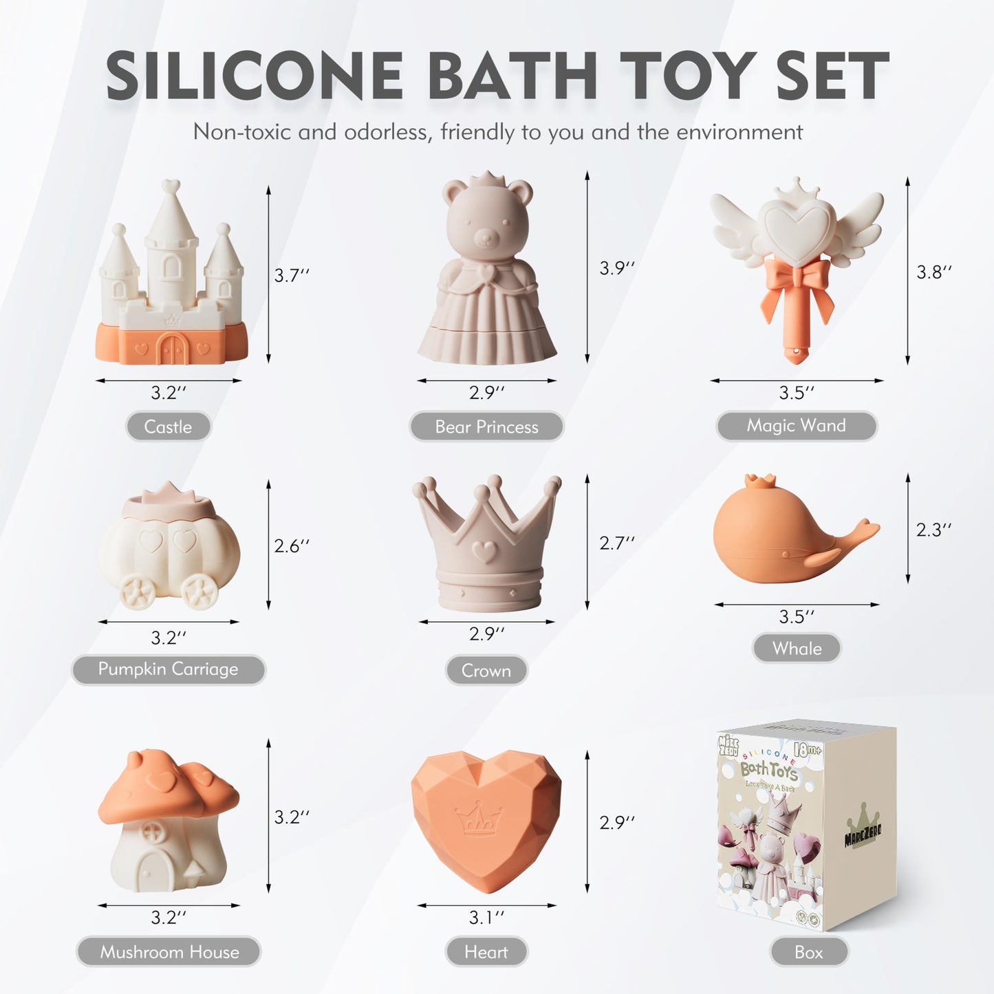 MarcZero Princess Silicone Bath Toys 8Pcs for Toddlers Kids Babies,Bathtub Water Toys,Soft Squeezable Easy-Grip Pool Toys Set (Peach)