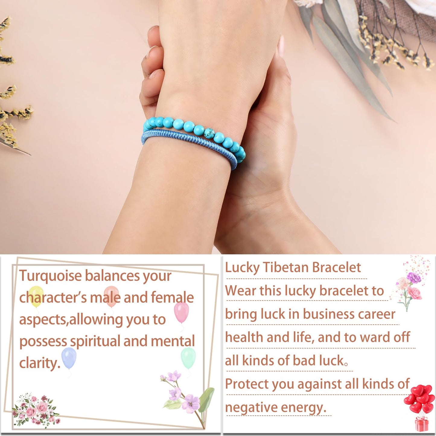 LPBeads 6mm Blue Turquoise Bracelet with Handmade Rope Bracelet Size Adjustable Stone Crystal Healing Bracelets Gifts for Unisex Adults