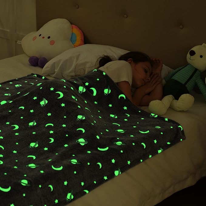 SOCHOW Glow in The Dark Throw Blanket 60 x 80 Inches, Galaxy Stars Pattern Soft Cozy Flannel Fleece Blanket for Sons Daughters, All Seasons Grey Presents Blanket for Preteens Teens