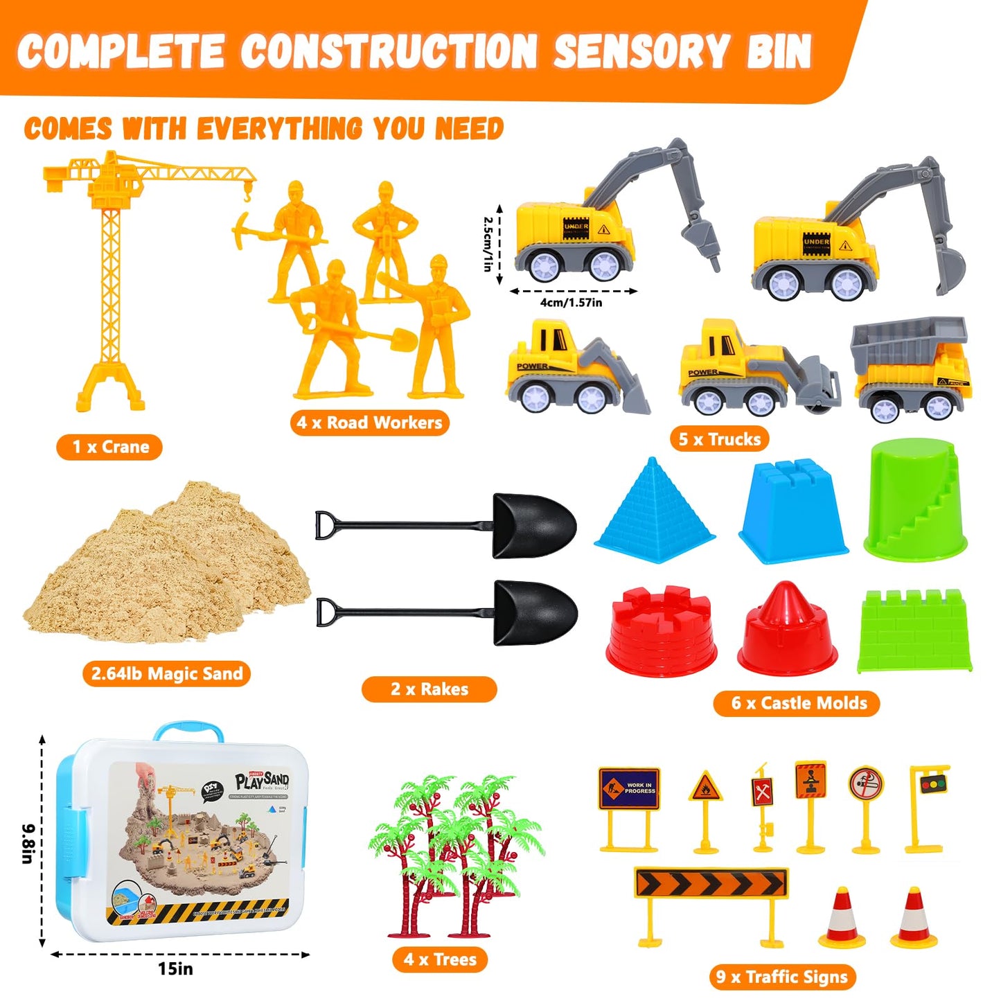 BlingCnsy Construction Sensory Bin with Lid, 2.2lbs Magic Sand & 5 Construction Trucks, Sensory Sand Kit Construction Toys for 3 4 5 6 7 8+ Year Old Boys Toddlers Christmas Birthday Gift