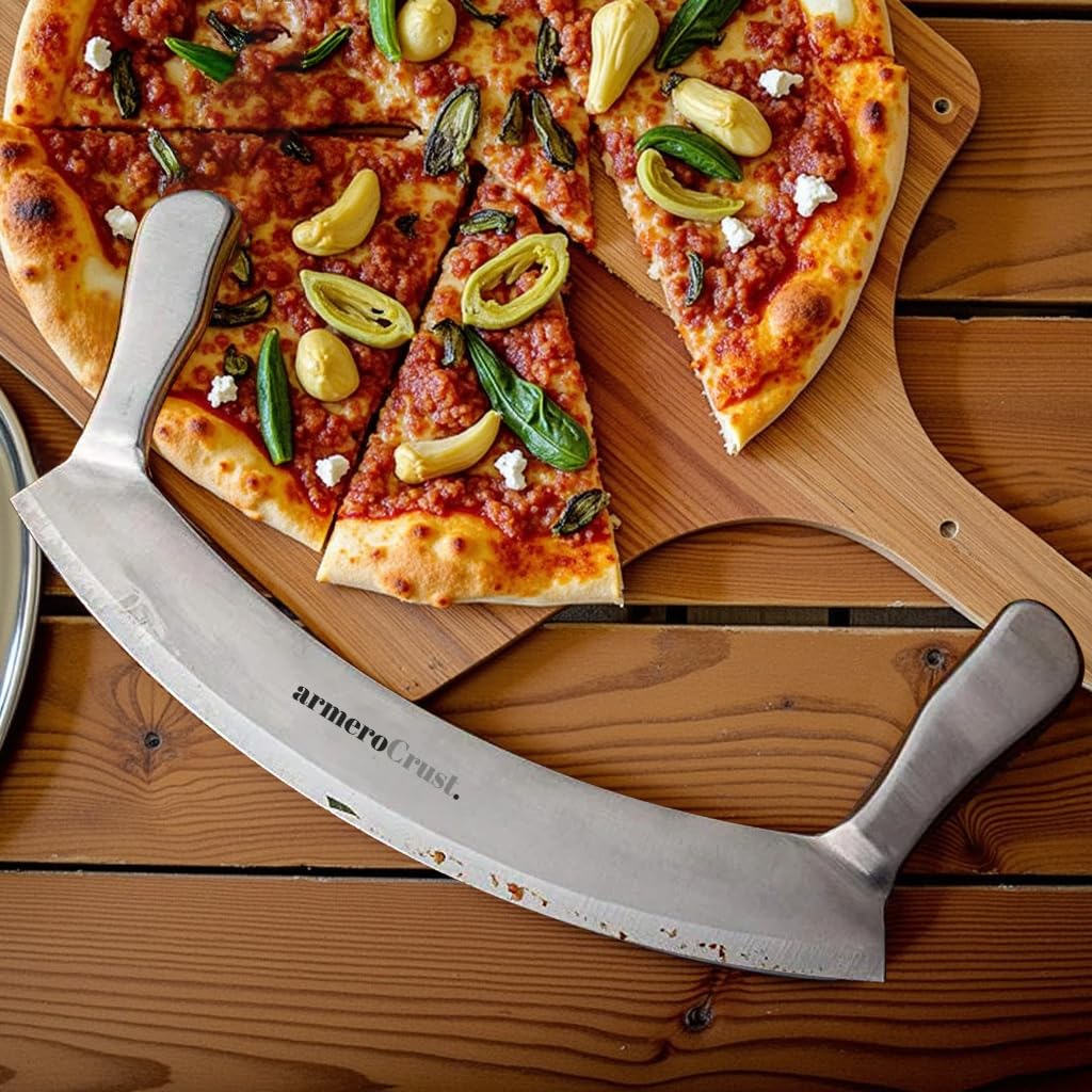 armeroCrust Mezzaluna Knife with Double Handle for Extra Stability - 12 Inches - Pizza Rocker for Precise Slicing of Thick Crust - Grade 18/0 Stainless Steel with Premium Finish
