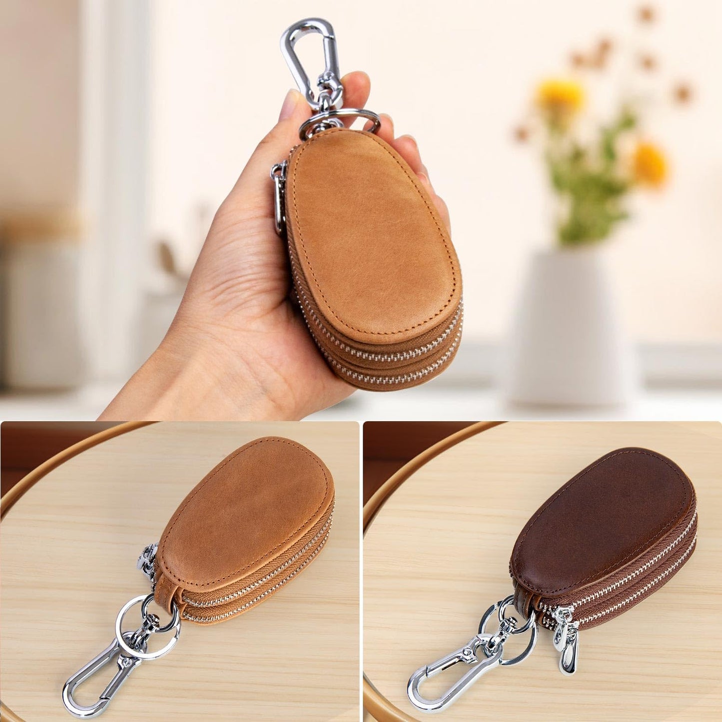UVKDEENK 2 Pack Mens Vintage Key Case, Retro Genuine Leather Car Key Fob Holder, Key Organizer with Metal Hook Keyring, Double Zipper Key Coin Bag Coffee Brown