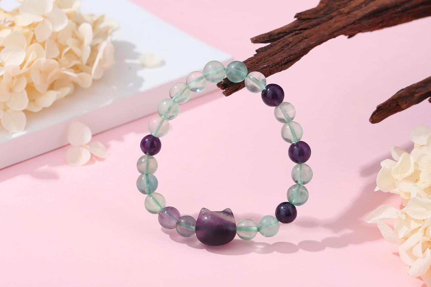 XIANNVXI Fluorite Bracelet for Women - Cute Cat Lover Gift - Natural Crystal Stretch Bracelet - 8mm Beaded Jewelry