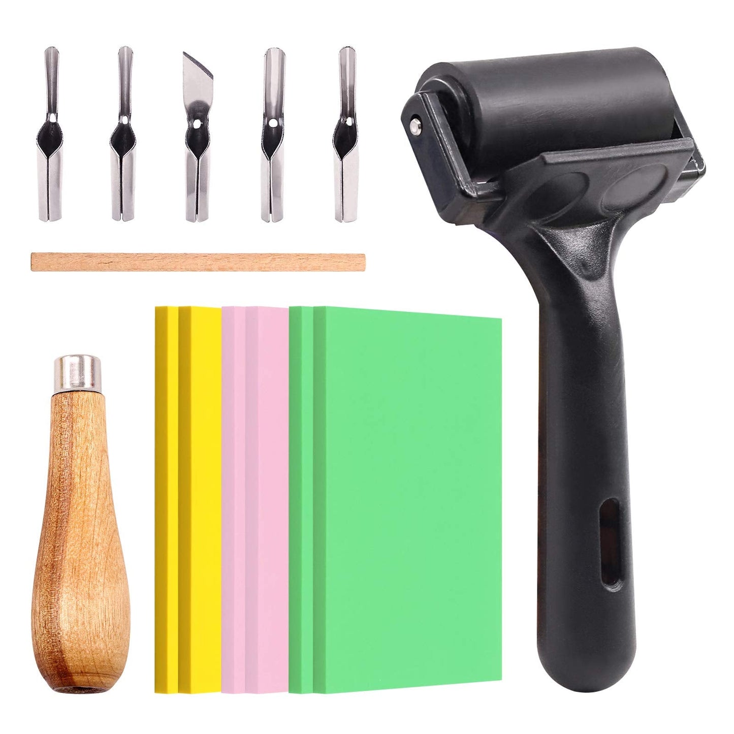 Swpeet 8Pcs Carving Rubber Tools, 6Pcs Scrapbooking Soft Rubber Stamp Carving Linoleum Blocks, 5 in 1 Linoleum Cutter Tools and Rubber Roller Brayer for Rubber Stamps, DIY Carving