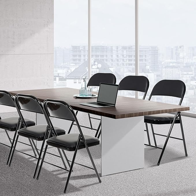 8 Pack Folding Chairs with Padded Seats, Padded Folding Chair with Steel Frame for Events Home Office, Pu Leather Folding Chair Black