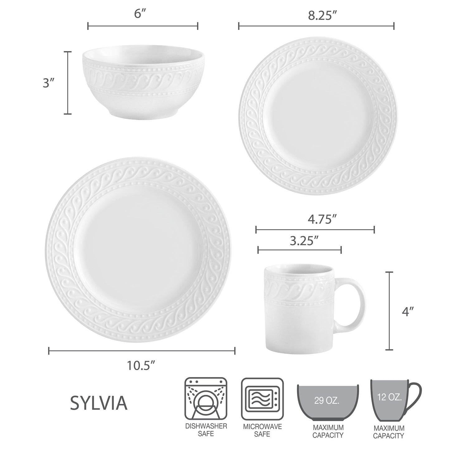 Pfaltzgraff Sylvia 32-Piece White Dinnerware Set, Service for 8, Durable Stoneware Plates, Bowls, and Mugs, Microwave and Dishwasher Safe