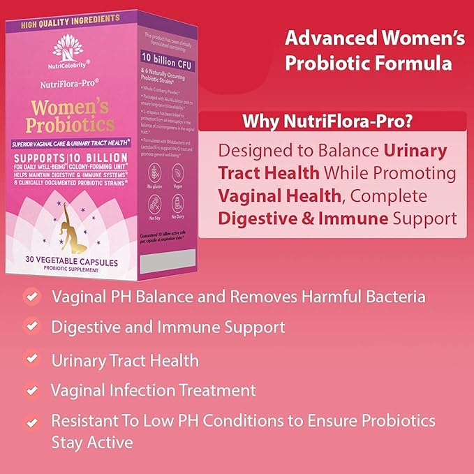 Nutricelebrity NutriFlora-Pro Probiotics for Women - Support Vaginal, Urinary Health, Immune System Digestive System Support, Cranberry Pills Supplement, 10 Billion CFU 6 Strains (30 Caps) - 2 Pack