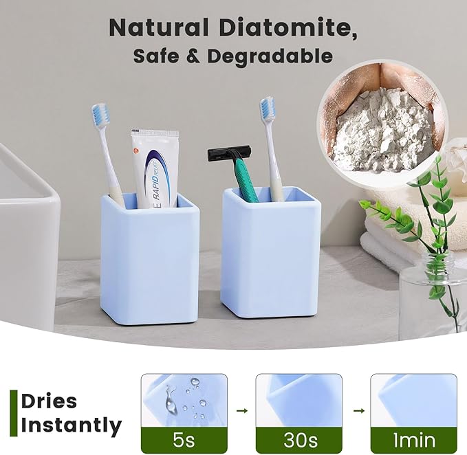 Luxspire Toothbrush Holders, 2 PCS Diatomite Toothbrush Cups, Fast Drying Toothbrush Holders for Bathroom, Toothpaste Holder for Bathroom Countertop, Blue