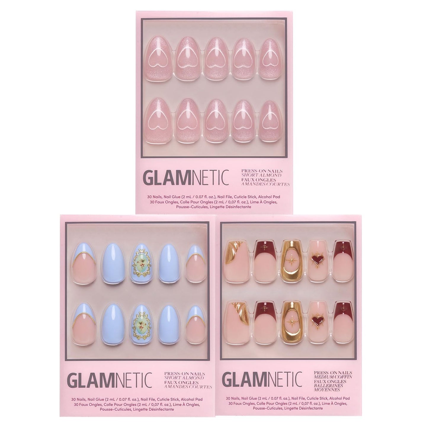 Glamnetic Press-On Nails Bundle - Divine Love | 2 Short Almond Fake Nails & 1 Medium Coffin Nail Set in 3D & Velvet Designs, Perfect Valentine’s Day Press-Ons | Durable, Salon-Quality Nail Kits
