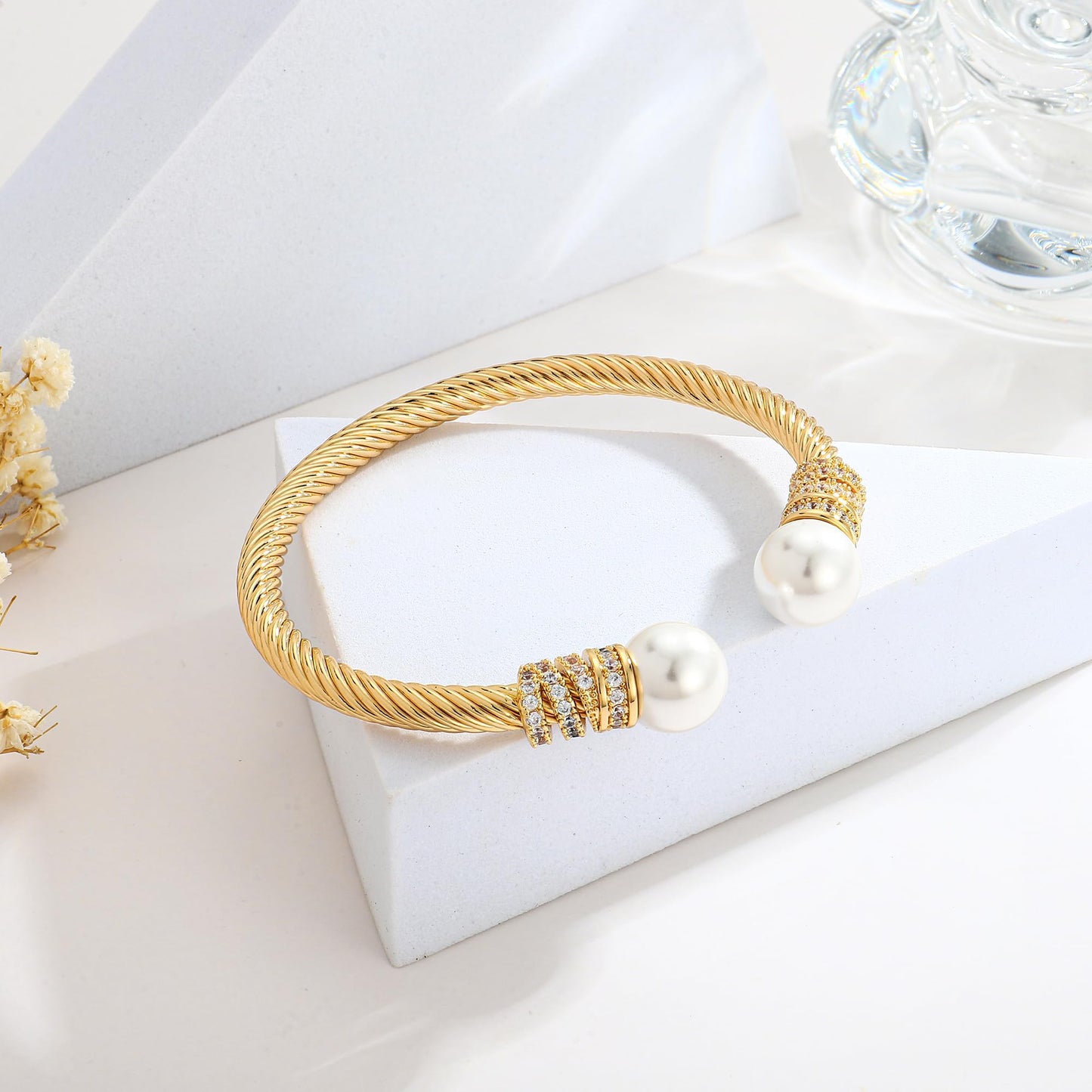 WOWORAMA Gold Cable Wire Cuff Bracelet for Women Stainless Steel Open Cuff Bangle Bracelets Adjustable Twist Cable Bracelet with Pearl Balls Jewelry